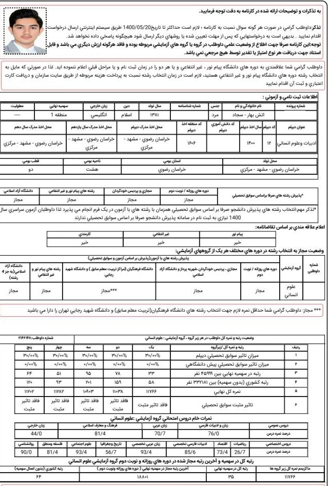 کارنامه سجاد آتش بهار - سجاد آتش‌بهار <br> رتبه 35 <br> علوم قضایی تهران