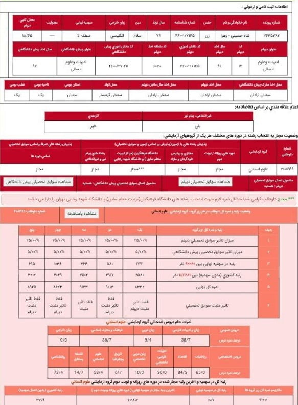 کارنامه زهرا شاه حسینی - زهرا شاه‌حسینی <br> رتبه 687 <br> دبیری علوم‌اجتماعی فرهنگیان تهران