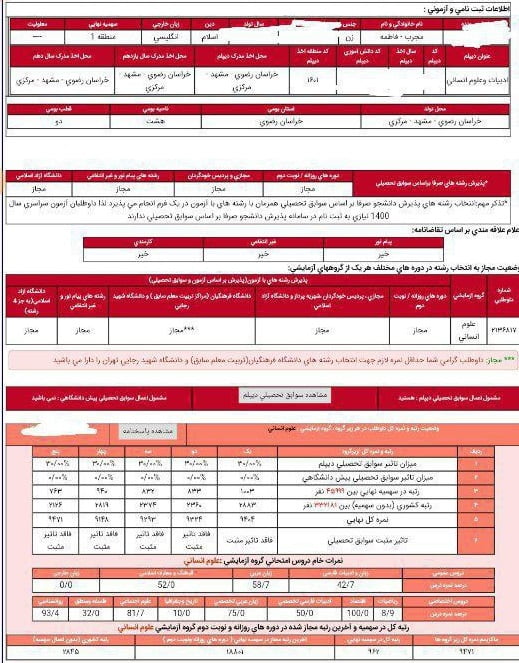 کارنامه فاطمه مجرب - فاطمه مجرب <br> رتبه 962 <br> آموزش ابتدایی فرهنگیان مشهد