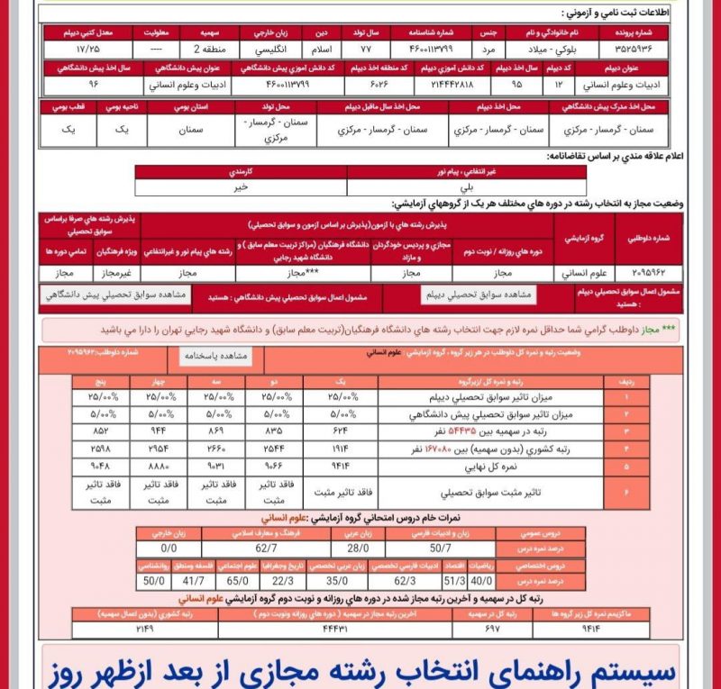 کارنامه میلاد بلوکی 800x765 - میلاد بلوکی <br> رتبه 697 <br> کارشناسی ارشد مدیریت آموزشی