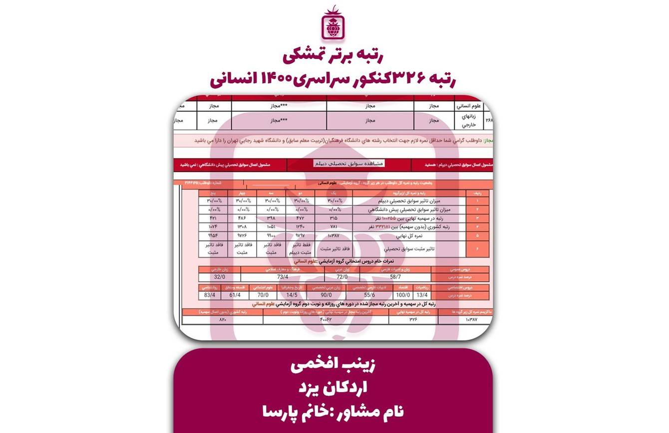 کارنامه کنکور زینب افخمی - زینب افخمی <br> رتبه ۳۲۶ منطقه۲