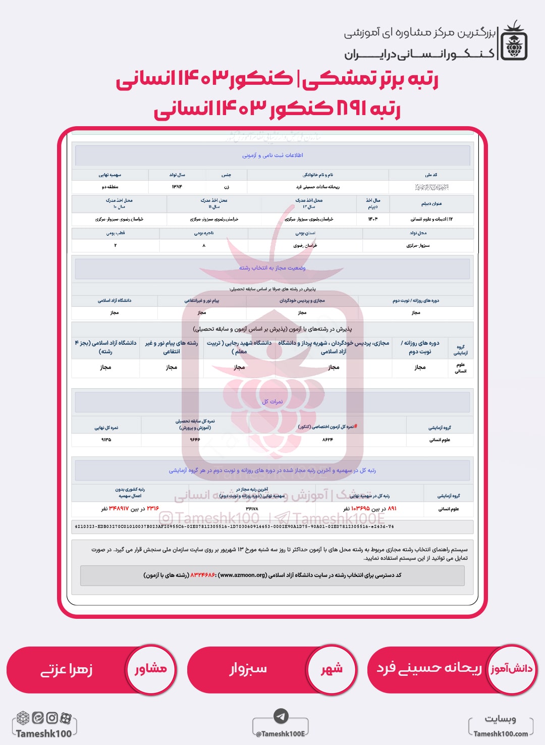 ریحانه حسینی فرد min - ریحانه حسینی فرد <br> رتبه 891 منطقه 3