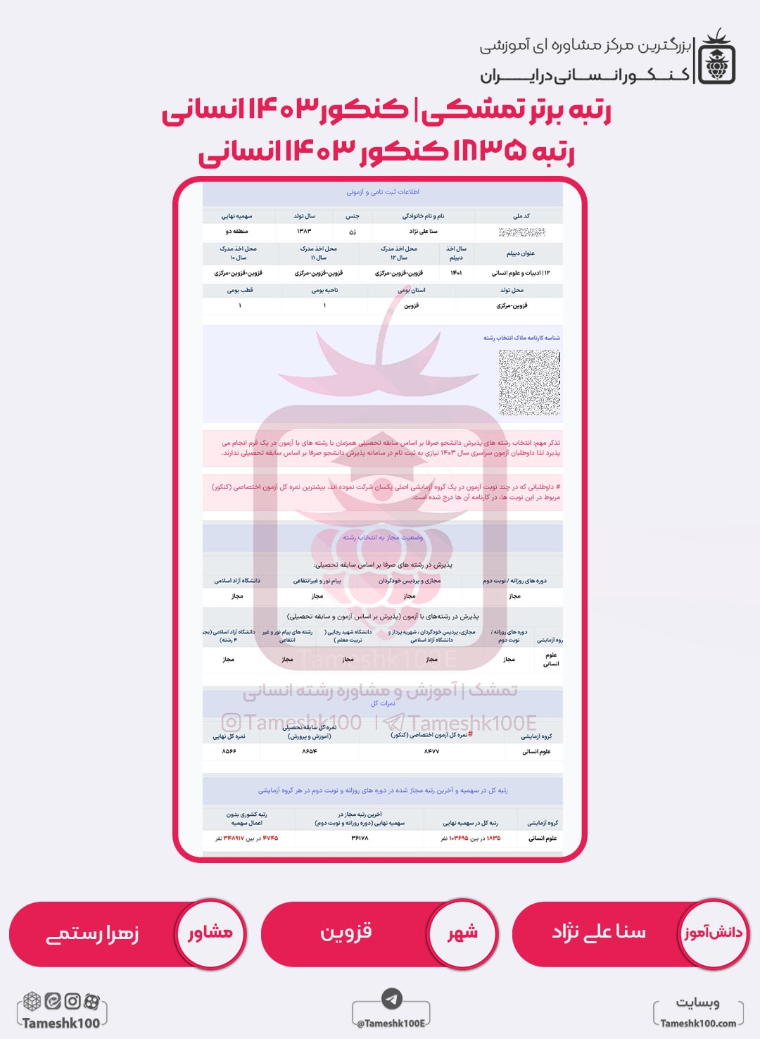 سنا علی نژاد min - سنا علی نژاد <br> رتبه 1835 منطقه 2