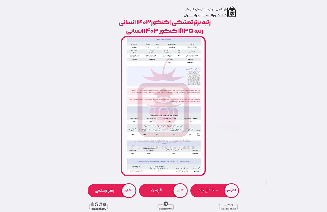 علی نژاد - سنا علی نژاد <br> رتبه 1835 منطقه 2