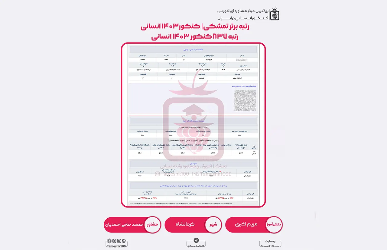 اکبری - مریم اکبری <br> رتبه 837 منطقه 2
