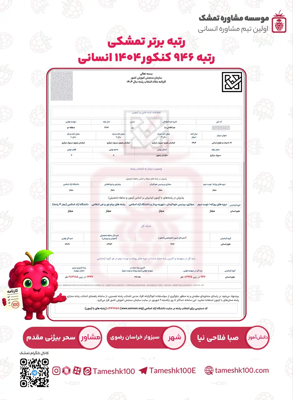 فلاحی نیا - صبا فلاحی نیا  <br>  رتبه ۹۴۶  کنکور&zwnj;۱۴۰۴ انسانی