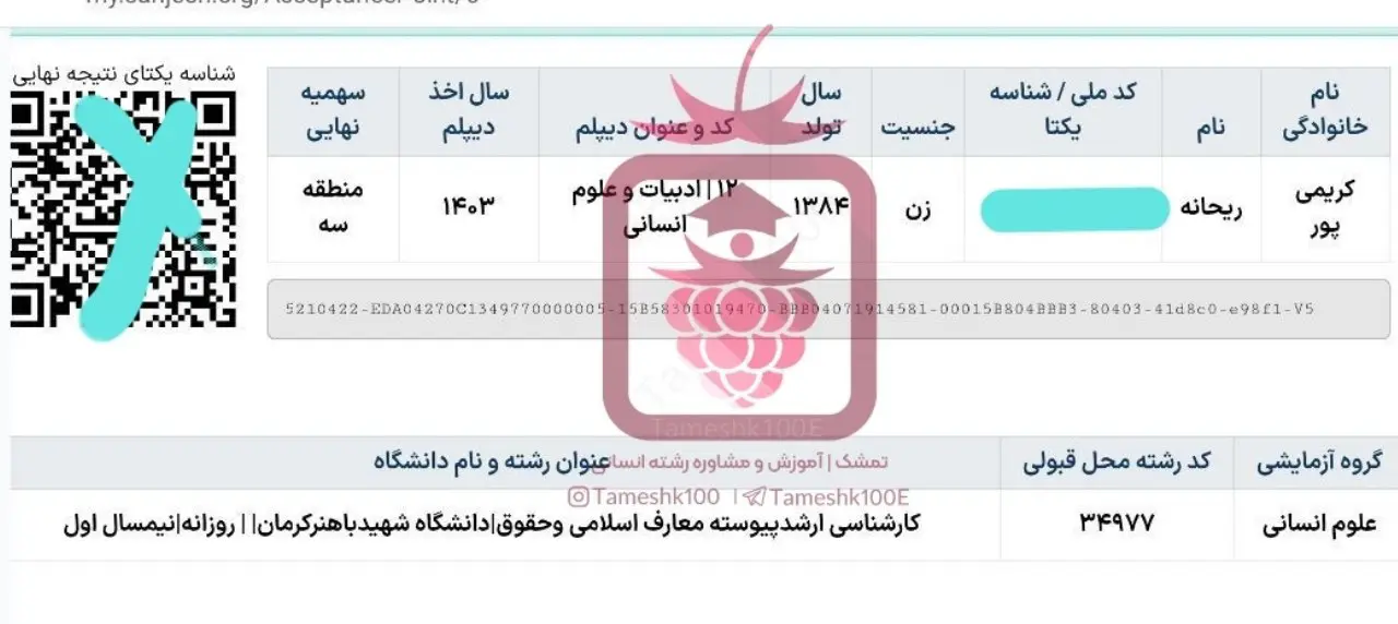 ریحانه کریمی پور 1 - ریحانه کریمی پور<br>رتبه 1932 کنکور ۴۰۴ انسانی