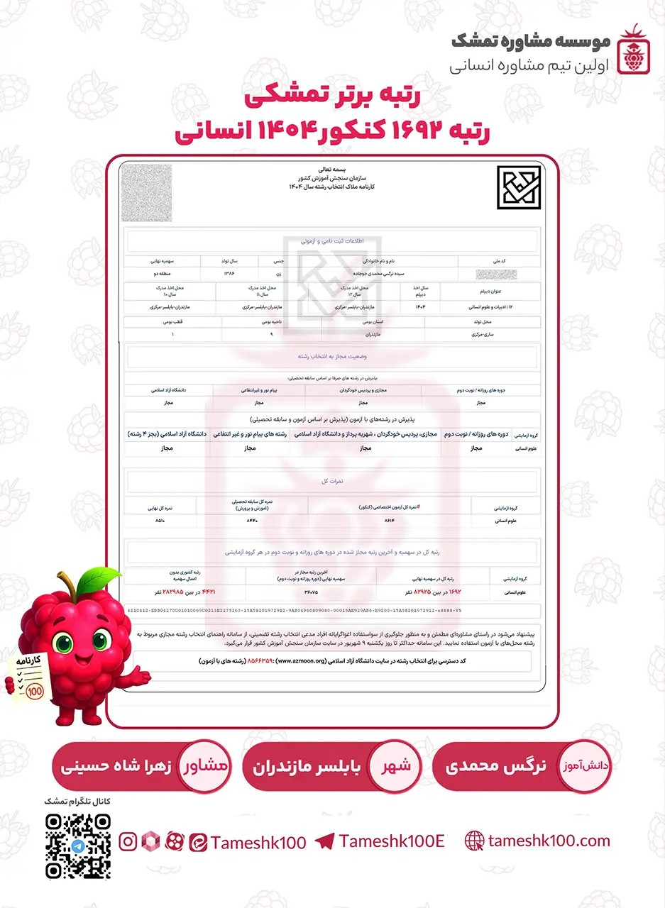 نرگس محمدی - سیده نرگس محمدی<br>رتبه ۱۶۹۲ کنکور&zwnj;۱۴۰۴ انسانی