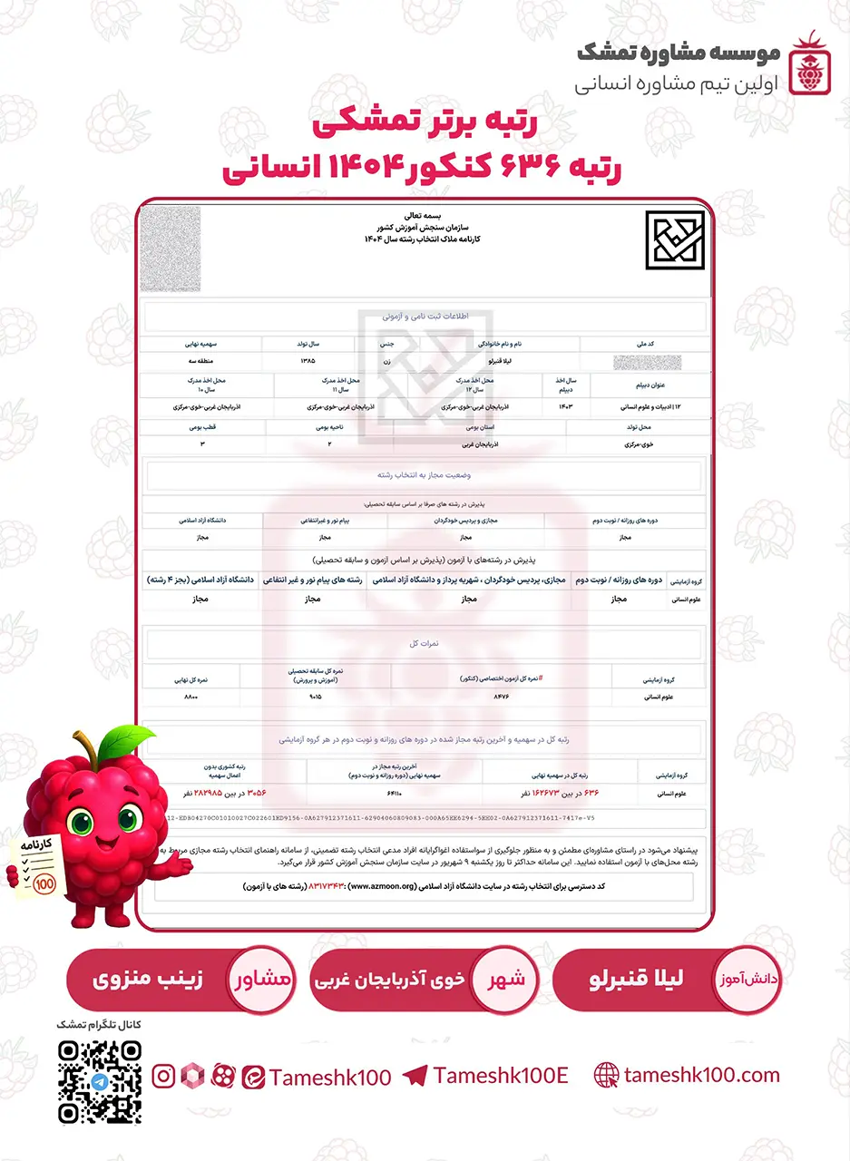لیلا قنبرلو - لیلا قنبرلو  <br>رتبه 636 کنکور ۴۰۴ انسانی