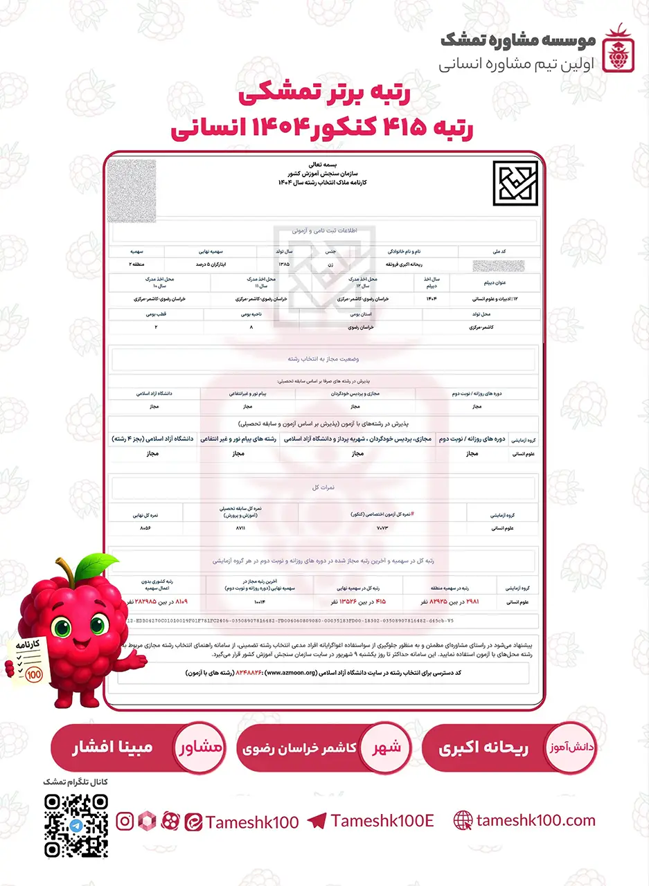 ریحانه اکبری1 - ریحانه اکبری<br>رتبه۴۱۶ و مددکاری دانشگاه مشهد