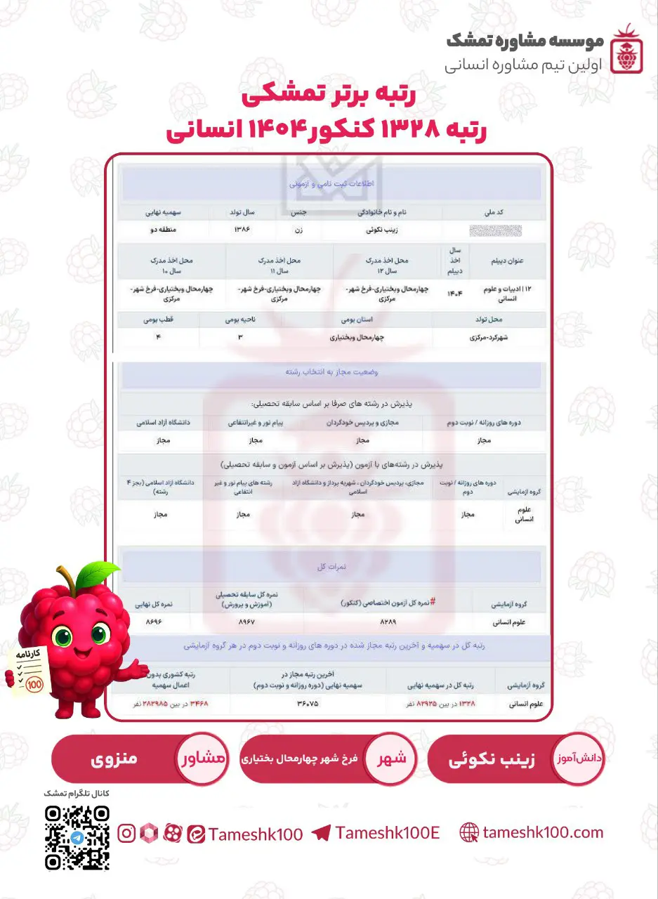 زینب نکوئی1 - زینب نکوئی<br>رتبه 1328 کنکور ۴۰۴ انسانی<br>حسابداری دانشگاه یزد