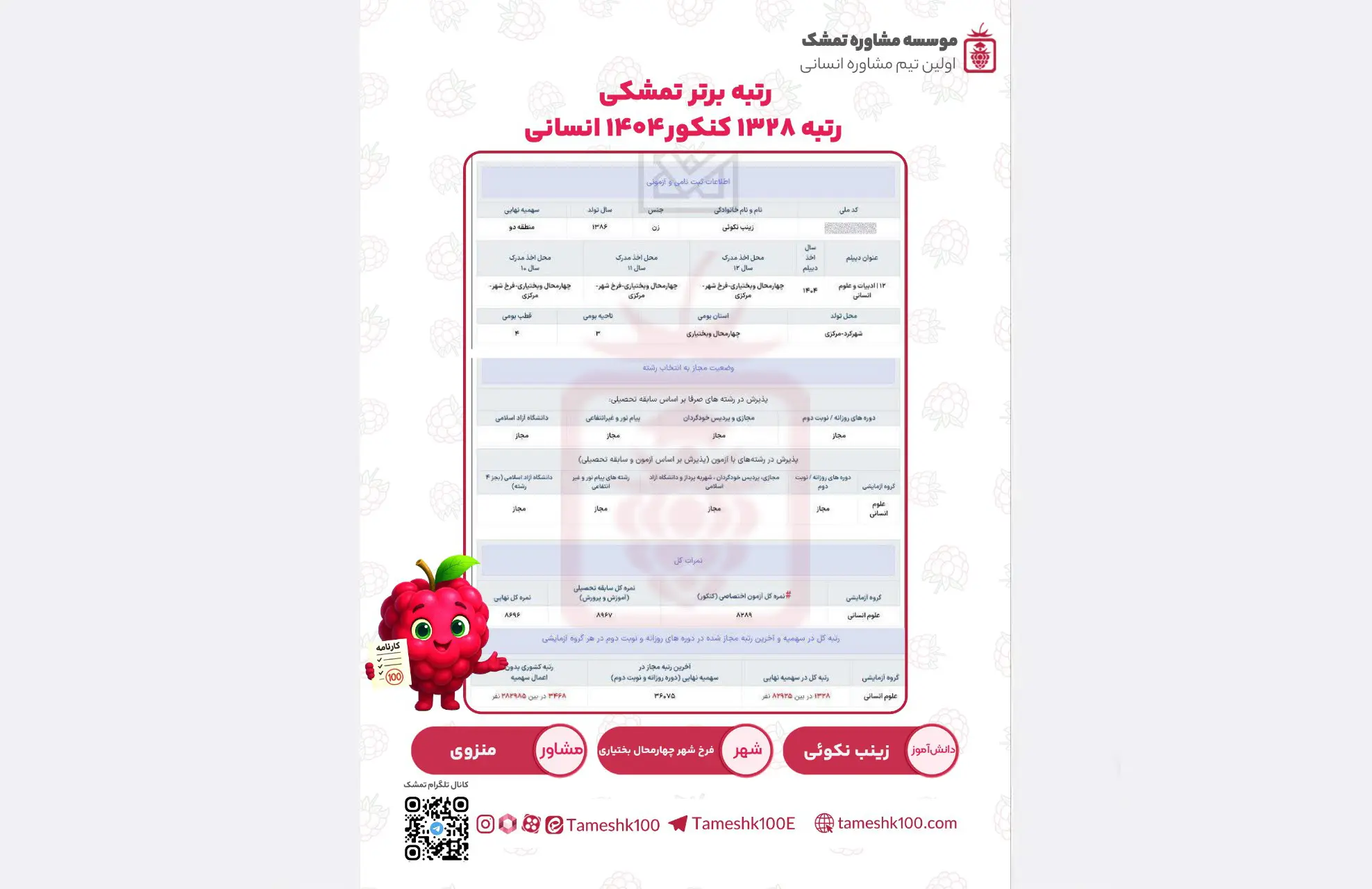 نکوئی - زینب نکوئی<br>رتبه 1328 کنکور ۴۰۴ انسانی<br>حسابداری دانشگاه یزد