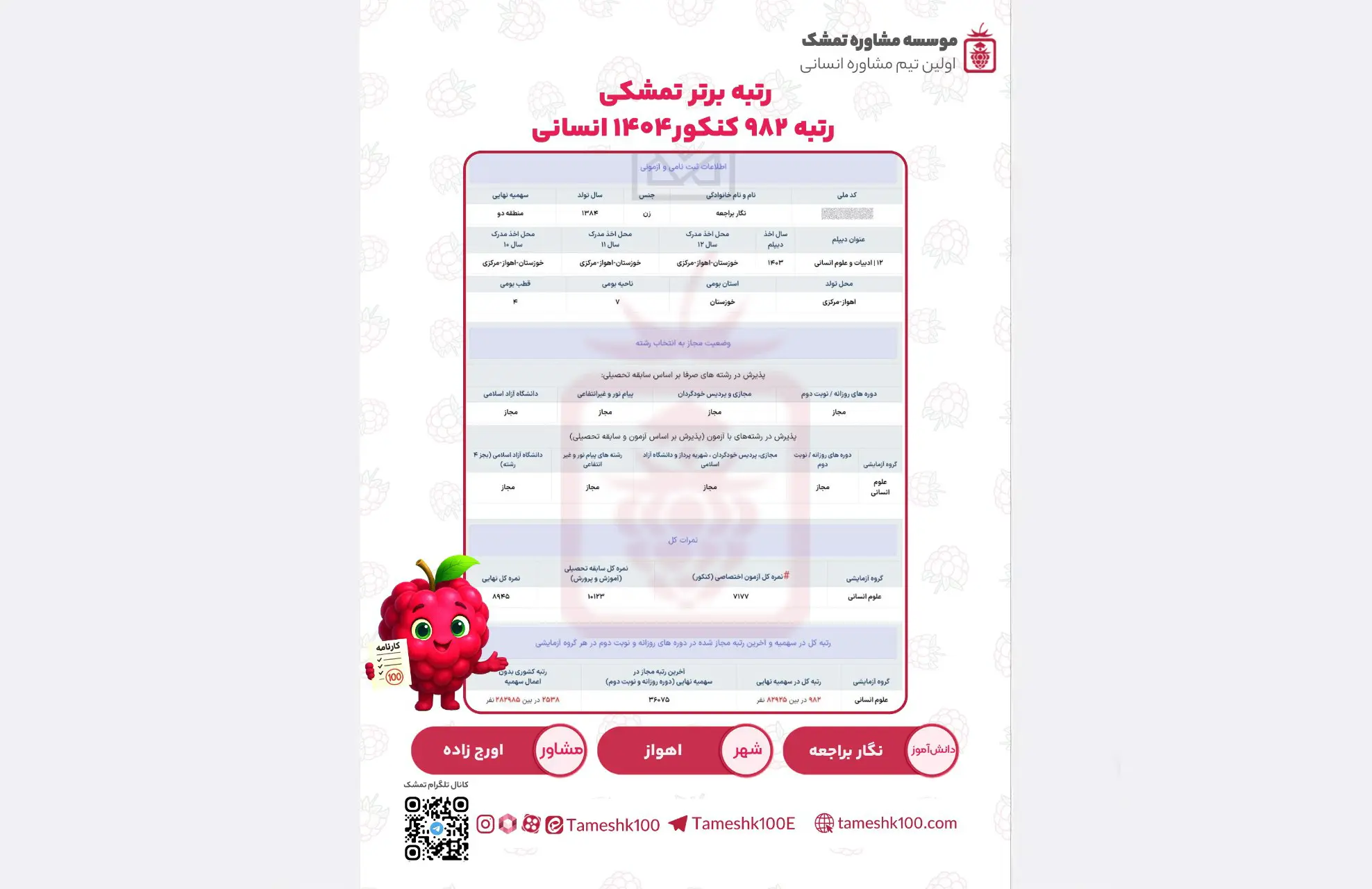 براجعه 1 - نگار براجعه<br> رتبه ۹۸۲ و مشاوره دانشگاه اهواز